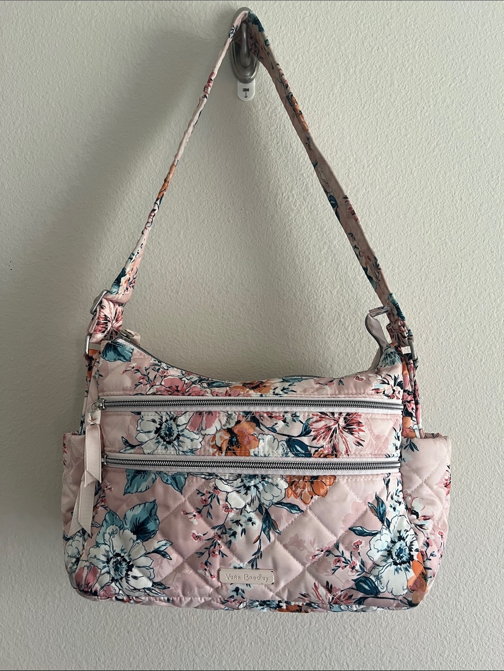 Vera Bradley Performance Twill Triple Zip Shoulder Satchel Peach Blossom Bouquet